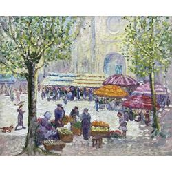 Marjorie Moore (British exh.1922-1937): A French Market, oil on canvas signed 26cm x 31cm