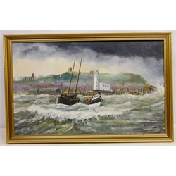  Scarborough Lifeboat in the Harbour on a Rescue, 20th century oil on board signed by Robert Sheader 37.5cm x 60cm   