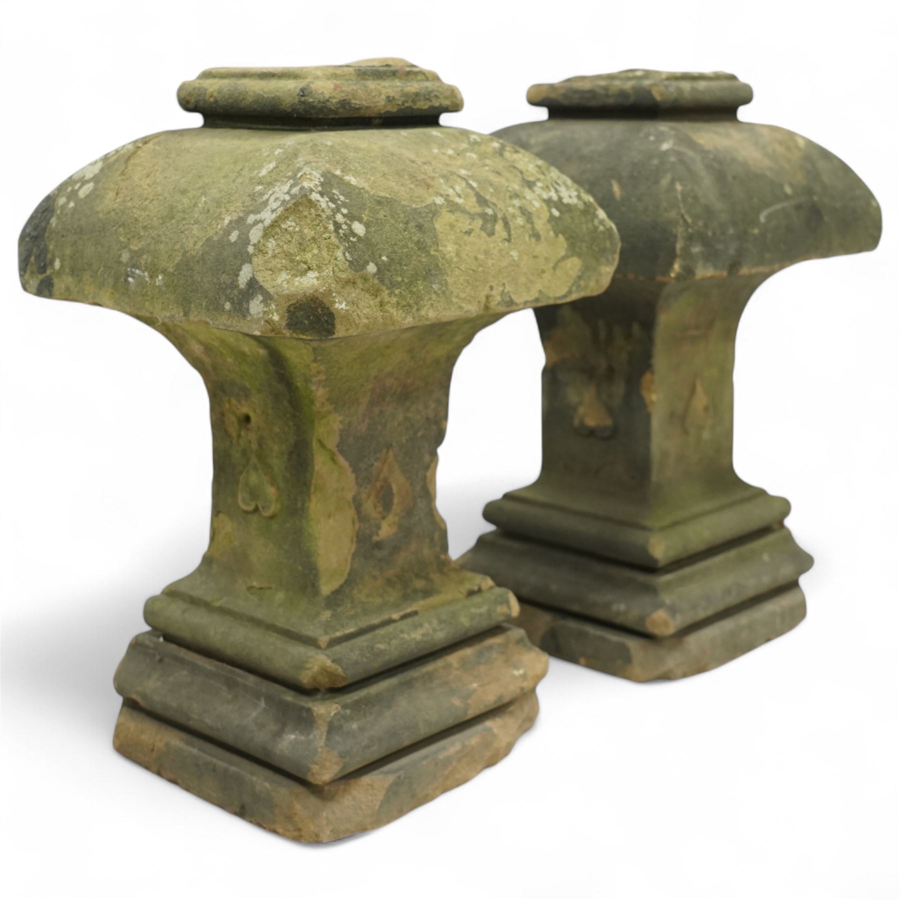 Pair of late 19th century sandstone finials, of square tapering form with with chamfered edges and on a plinth base
