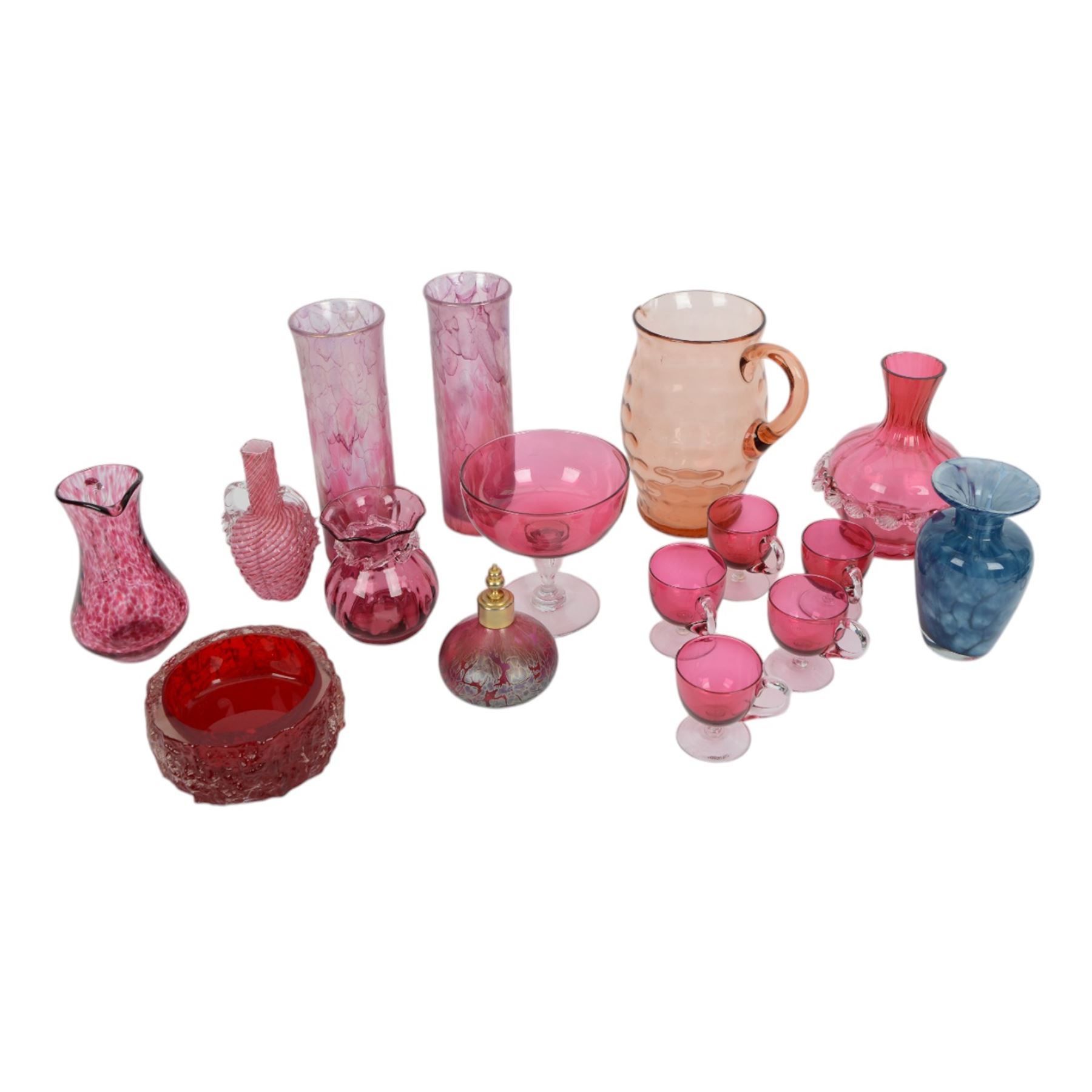 Collection of 19th century and later coloured glass, including pair of pink mottled lustre vases, orange jug with dimpled decoration, cranberry glass, etc 