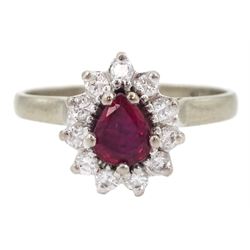18ct white gold pear cut ruby and round brilliant cut diamond cluster ring