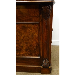 Victorian figured walnut Davenport desk, sliding top with fitted interior and folding pen drawer above four real and four false drawers, W58cm, H92cm, D52cm  