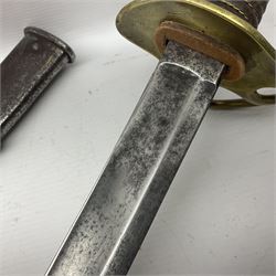 19th century French 1822 Pattern Light Cavalry trooper's sword with 88.5cm slightly curving fullered blade, brass three-bar hilt and wire-bound leather grip; in polished steel scabbard with two suspension rings L110.5cm overall