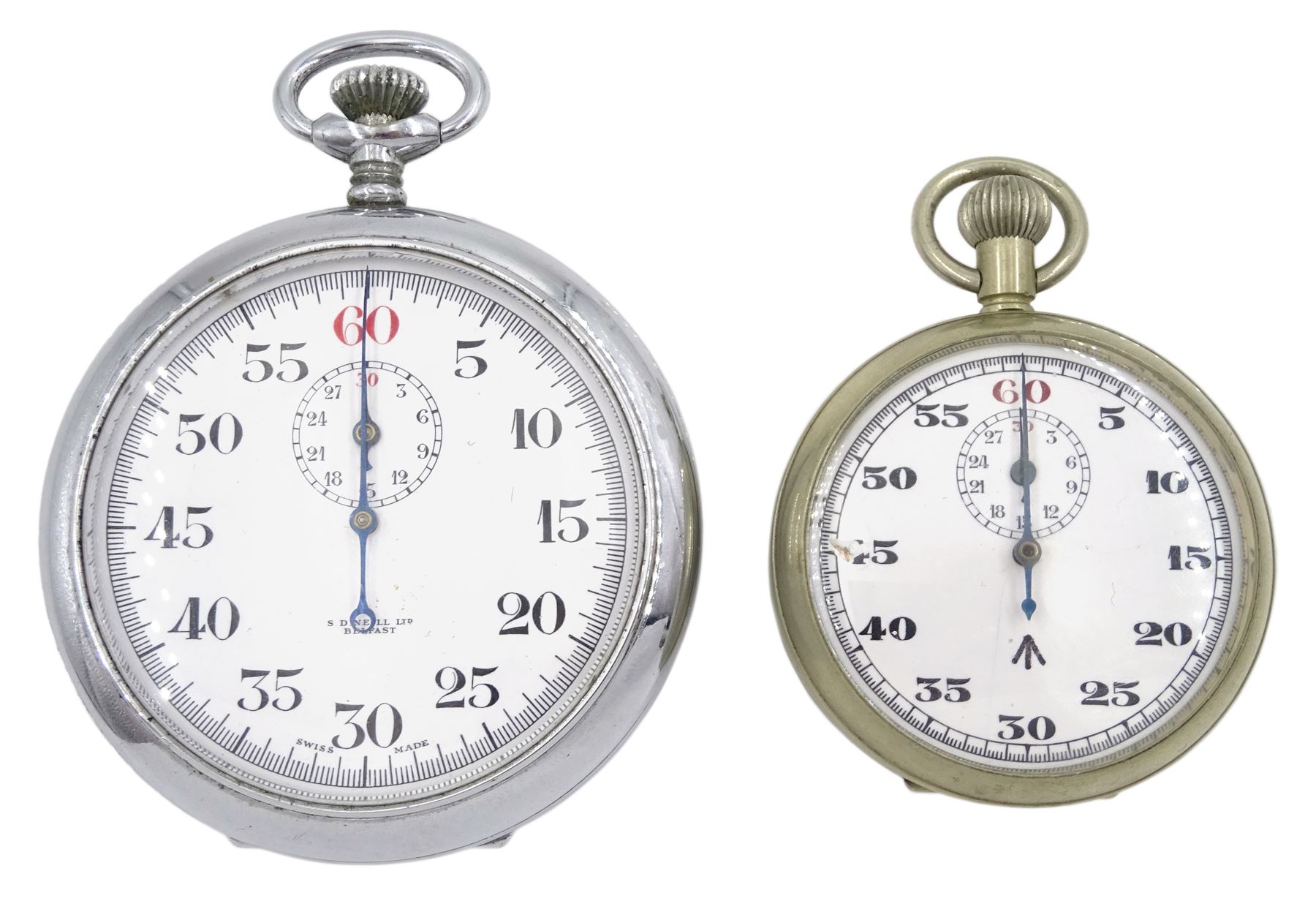 WWII military issue Royal Navy stop watch, the reverse engraved H.S. (broad arrow) 7 2389 and one other military stop watch by S.D. Neill Ltd, Belfast, the reverse engraved broad arrow B 167