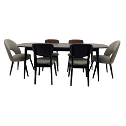 Bentley Designs - Premier collection 'Oslo' contemporary walnut extending dining table and six chairs upholstered in steel grey fabric. 