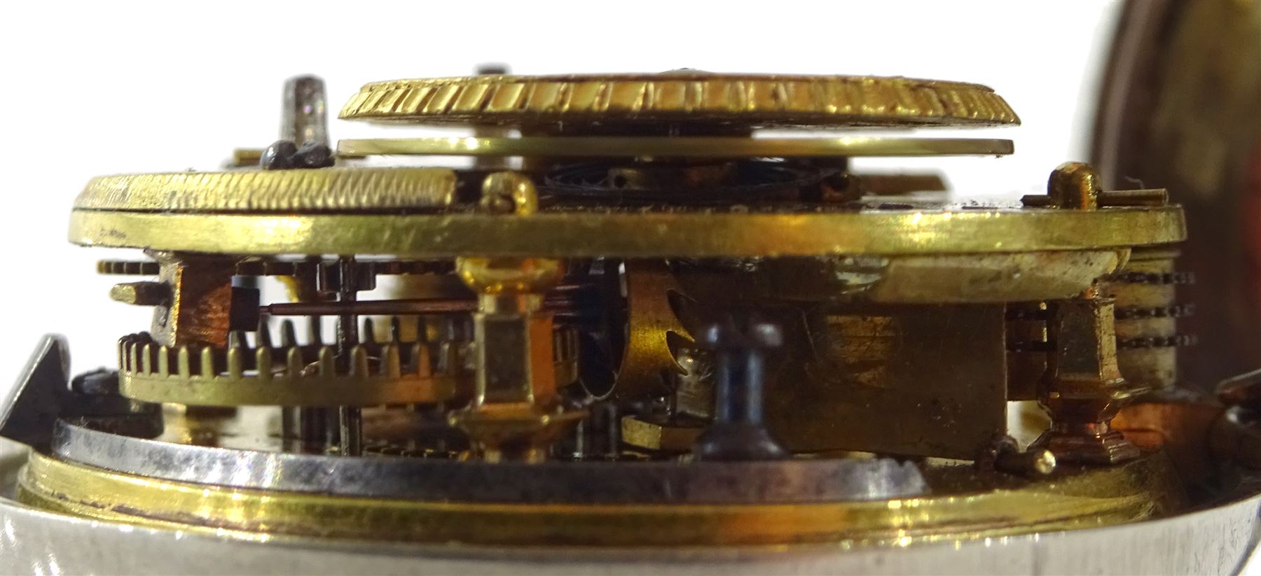 18th century silver pair cased verge fusee pocket watch for the Turkish market by Markwick Markham (London ca.1725-1805), square baluster pillars, pierced and engraved balance cock, white enamel dial with Turkish numerals