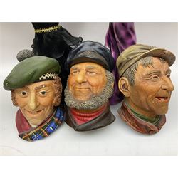 Three Legend Products plaster head wall plaques, comprising The Tinker, Jock and The Bosun, together with two The Leonardo Collection figures Sophistication and Desire, tallest H35cm