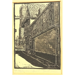 Dorothy Kerrison (neé Leeson) (British 1900-1995): 'St Stephens Lane, Ipswich', woodcut signed and titled in pencil 16cm x 11cm 
Notes: Leeson was born in Gretton, Northamptonshire; upon her marriage she moved to Appleby Farm, Renhold, Bedfordshire, and exhibited at the Royal Academy and the Paris Salon throughout the 1950s and 1960s. She was a member of the Essex Group in the 1920s with her friend Sir George Clausen.