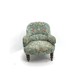 Victorian nursing chair upholstered in a Sanderson William Morris fabric Arbutus, turned supports, W73cm