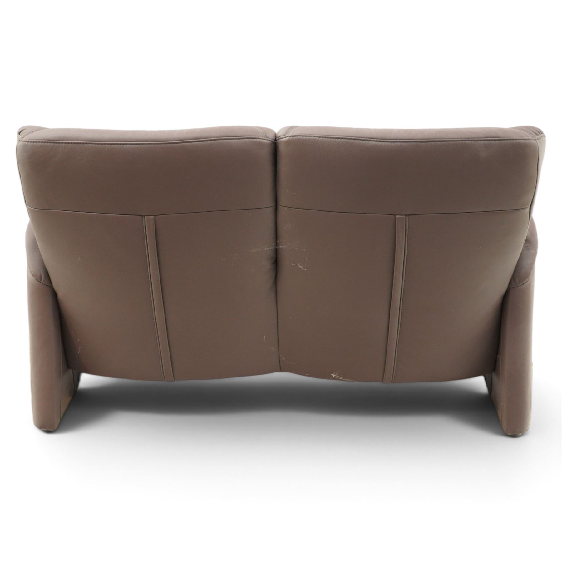 Himolla - ‘Cumuly’ lounge suite upholstered in deep aubergine leather, comprising two-seat sofa with high padded back, shaped arms and panelled upholstery (W 161cm, D 82cm, H 93cm), and three-seat sofa conforming (W 200cm, D 82cm, H 93cm)
