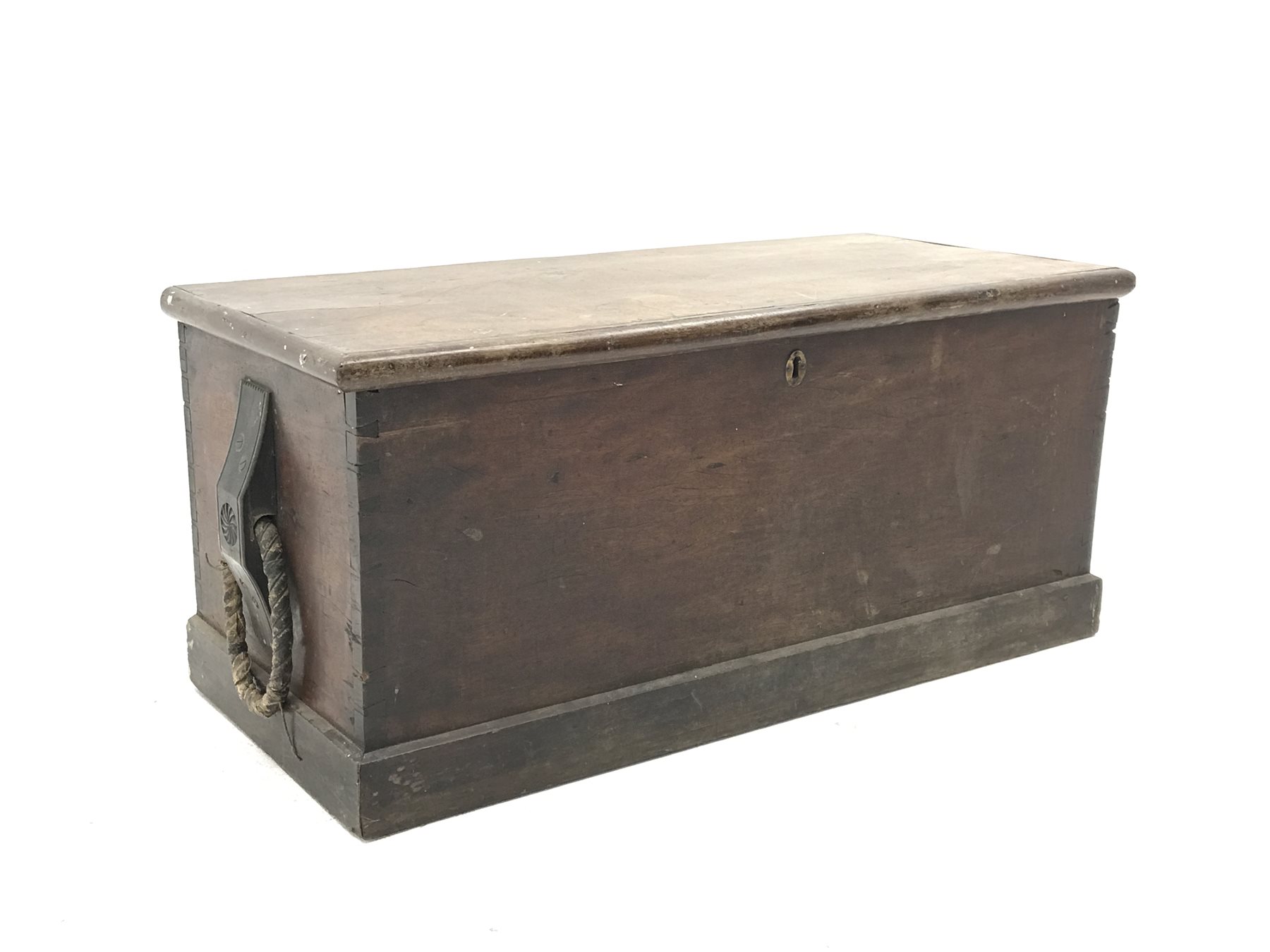 Seaman's camphorwood chest with hinged lid and rope handles, on platform base, stamped W.Cooper Hull, W105cm H48cm D41cm