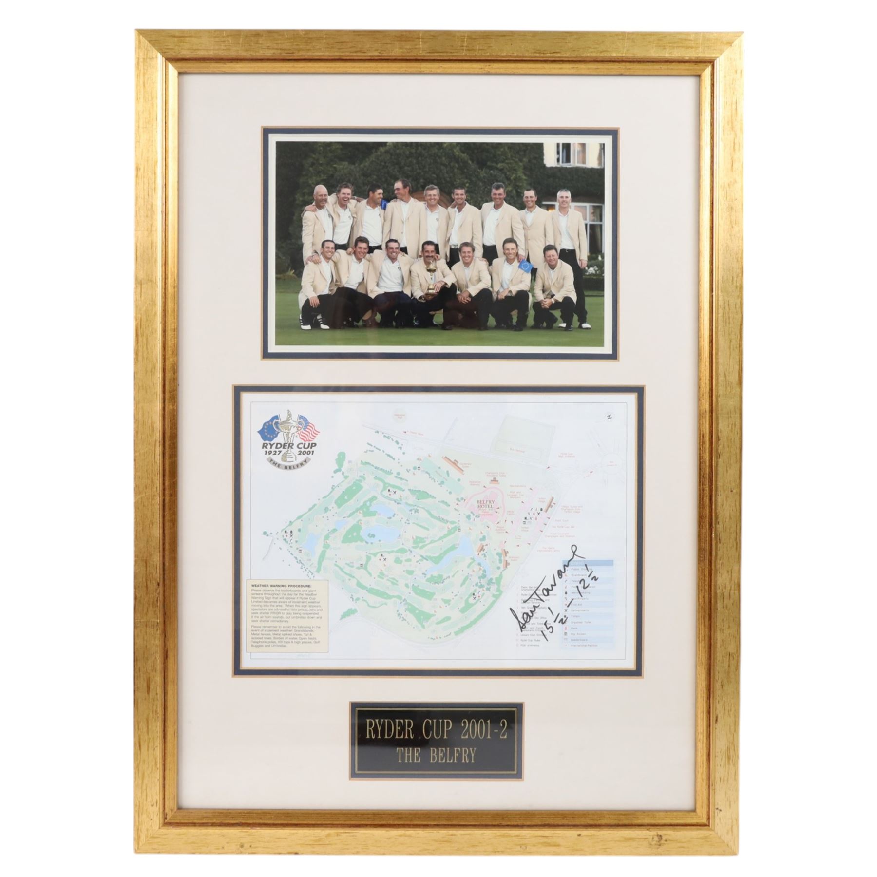 Signed golf memorabilia, to include 1988 US Masters Champion Augusta National flag, signed by Sandy Lyle, a golfing glove signed by Nick Faldo, two signed 2002 Ryder Cup prints, 1979 Masters scorecard signed by Fuzzy Zoeller displayed with a 1980 Masters scorecard signed by Seve Ballesteros, all framed, largest frame H60cm