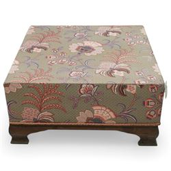 Hardwood-framed square pouffe or footstool, upholstered in floral pattern fabric, on ogee bracket feet