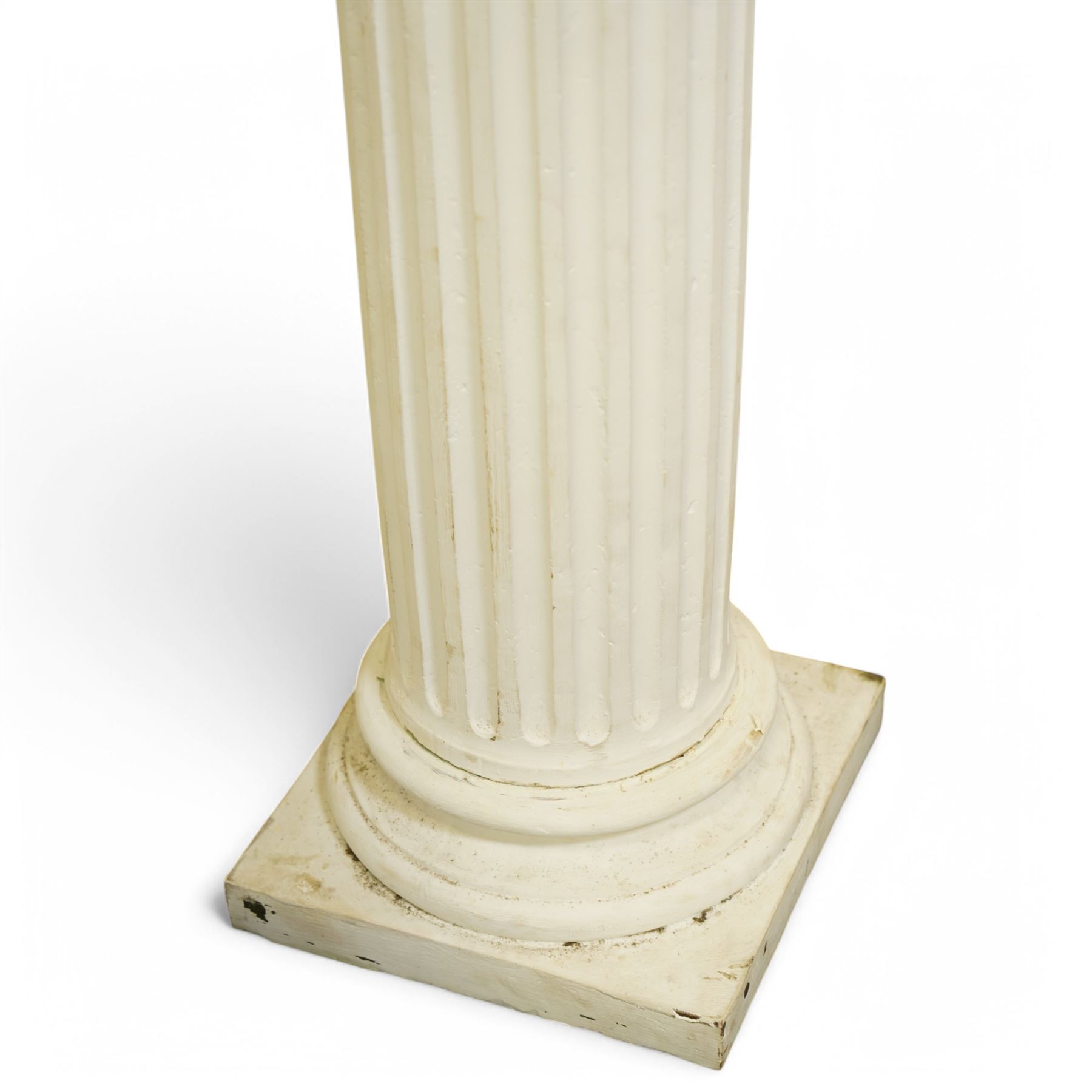 Pair of cast composite Corinthian architectural columns, the Corinthian capital decorated with scrolls and curled acanthus leaves, bulbous fluted shaft on moulded foot and square base 