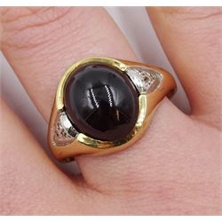 9ct gold cabochon garnet ring, with diamond set shoulders, hallmarked