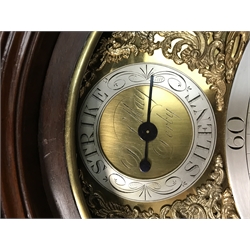 Early 19th century inlaid and cross banded mahogany London style longcase clock, brass arched dial, Roman and Arabic numerals, second and month subsidiary, lattice spandrel, eight day movement, automatic night time silent and strike mode, H242cm (two weights and pendulum)