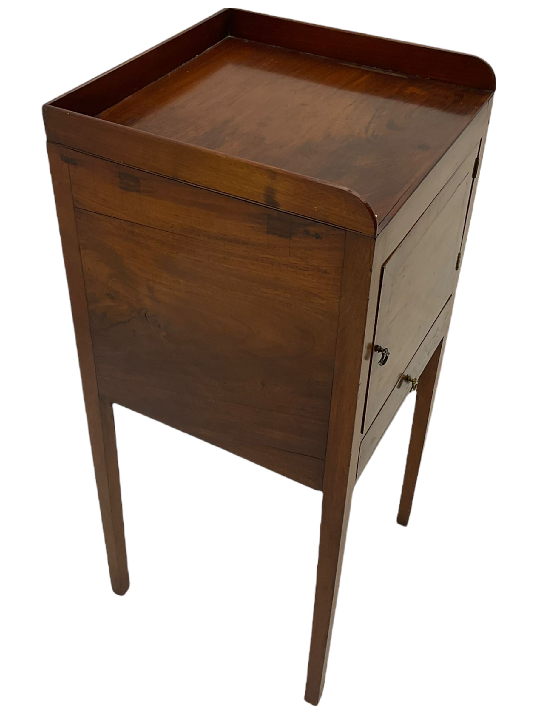 Early 19th century mahogany bedside pot cupboard, raised gallery back, enclosed by single door with band above single drawer, square supports