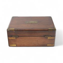 Victorian rosewood brass-bound work box, of rectangular form with flush brass handle engraved with initials, H13cm, W30cm