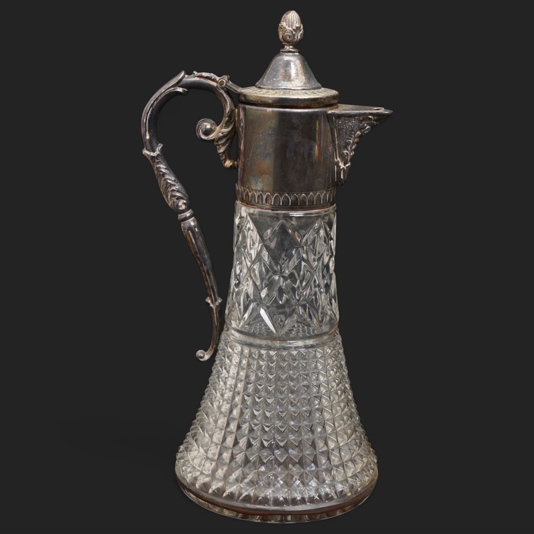 Six crystal decanters, four with silver labels and one with silver plated mount, and one etched glass dinner bell, tallest H30cm 