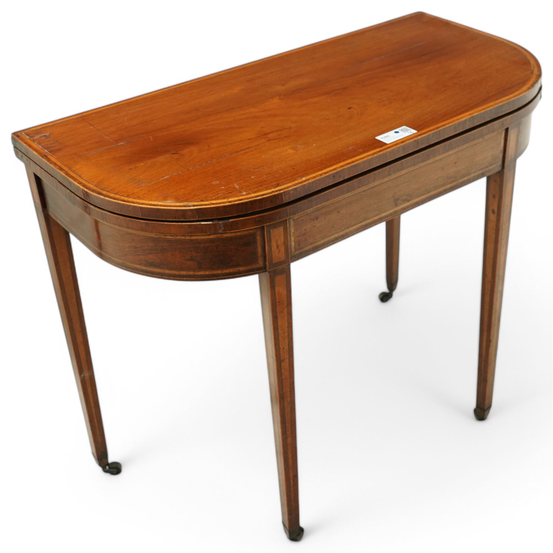 19th century rosewood and satinwood banded card table, D-shaped fold-over top, double gate-leg action base, on square tapering supports terminating to brass cups and castors (W92cm, D45cm, H76cm); together with a 19th century mahogany tea table (W89cm, H73cm, D43cm)