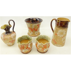  Five pieces of Doulton Lambeth Slaters Patent stoneware pottery, all having chine ware bodies with brick red and white painted decoration with monograms for Ethel Beard and others, H17.5cm maximum (5)  