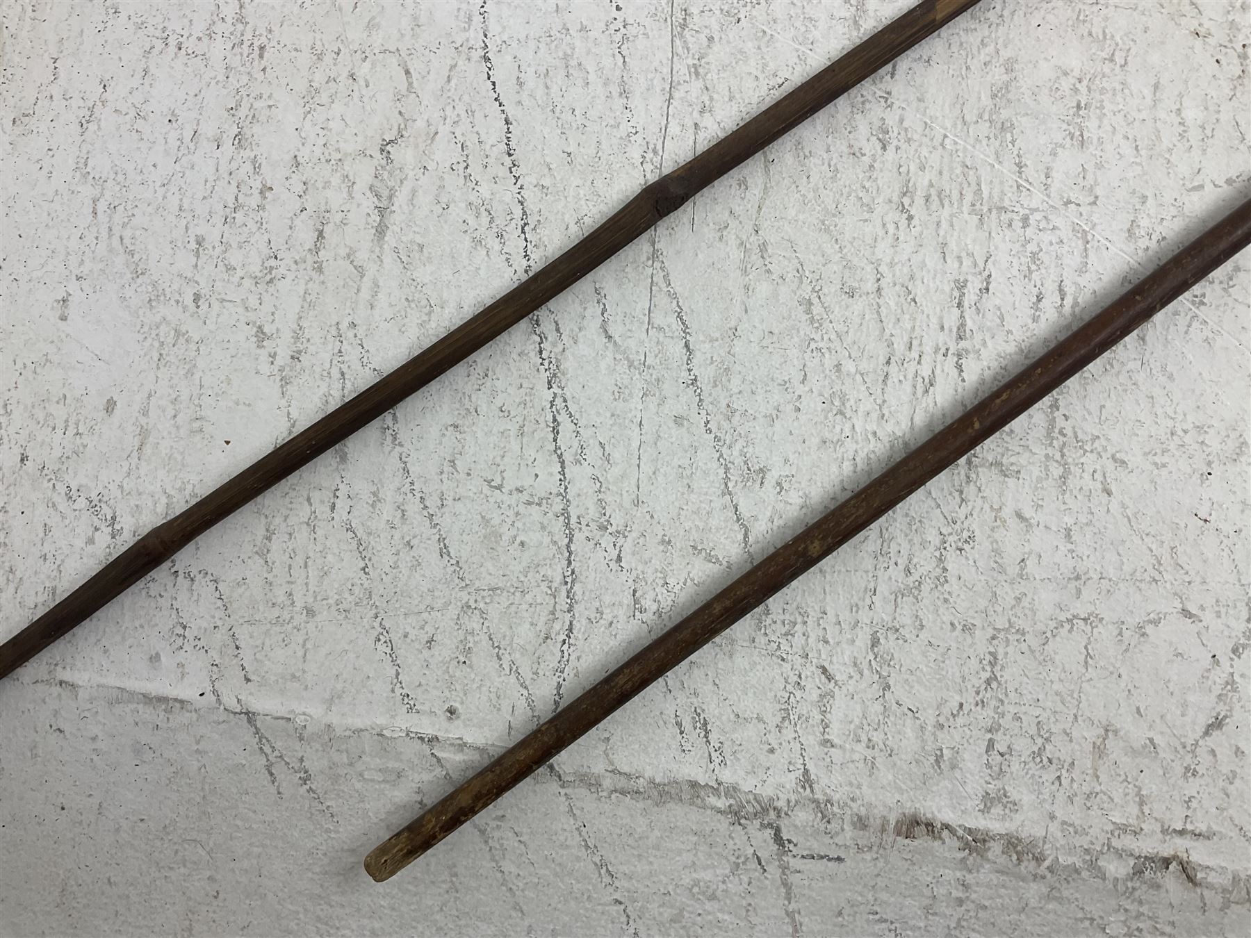 Native long-shafted spear, the large iron head with central medial ridge and decorative neck, on plain circular haft L260cm; and another similar Native long-shafted spear with cane haft L249cm (2)