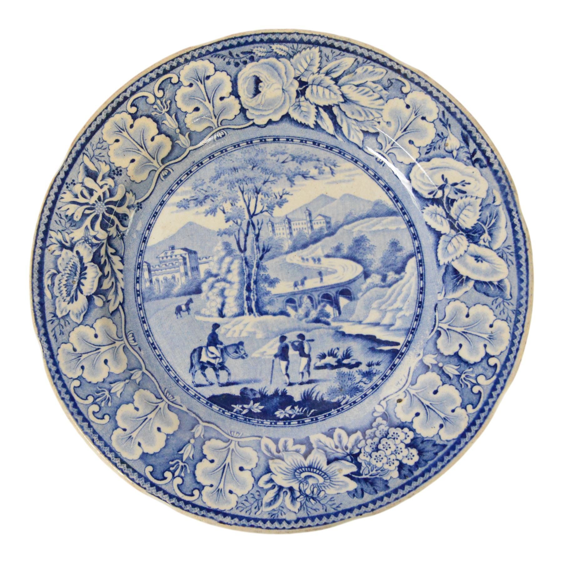 Collection of ten blue and white transfer plates, including two in Italian pattern with floral boarder, together with Willow pattern 