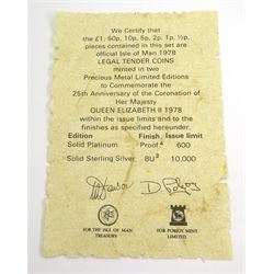 Queen Elizabeth II Isle of Man Pobjoy Mint 1978 silver coin collection, commemorating the 25th anniversary of the Coronation of Her Majesty Queen Elizabeth II, cased with certificate