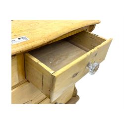 19th century continental pine chest, shaped serpentine top over two short and two long graduated drawers, on turned bun supports