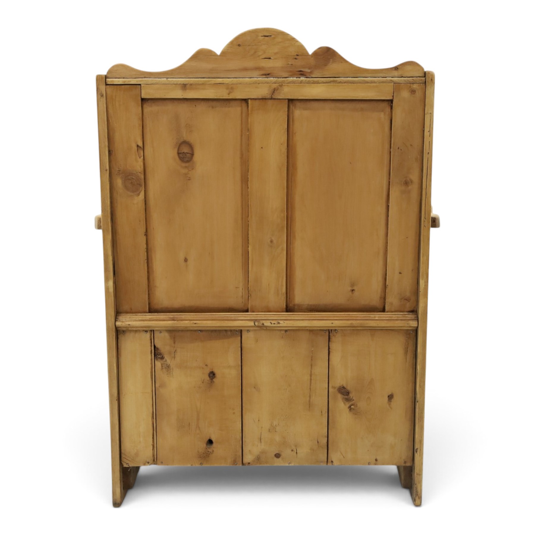 Victorian waxed pine settle or hall bench, shaped cresting rail over double panelled back, outswept arms on hinged box-seat, on end supports