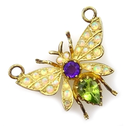 Gold-plated insect pendant set with amethyst peridot, and opals
