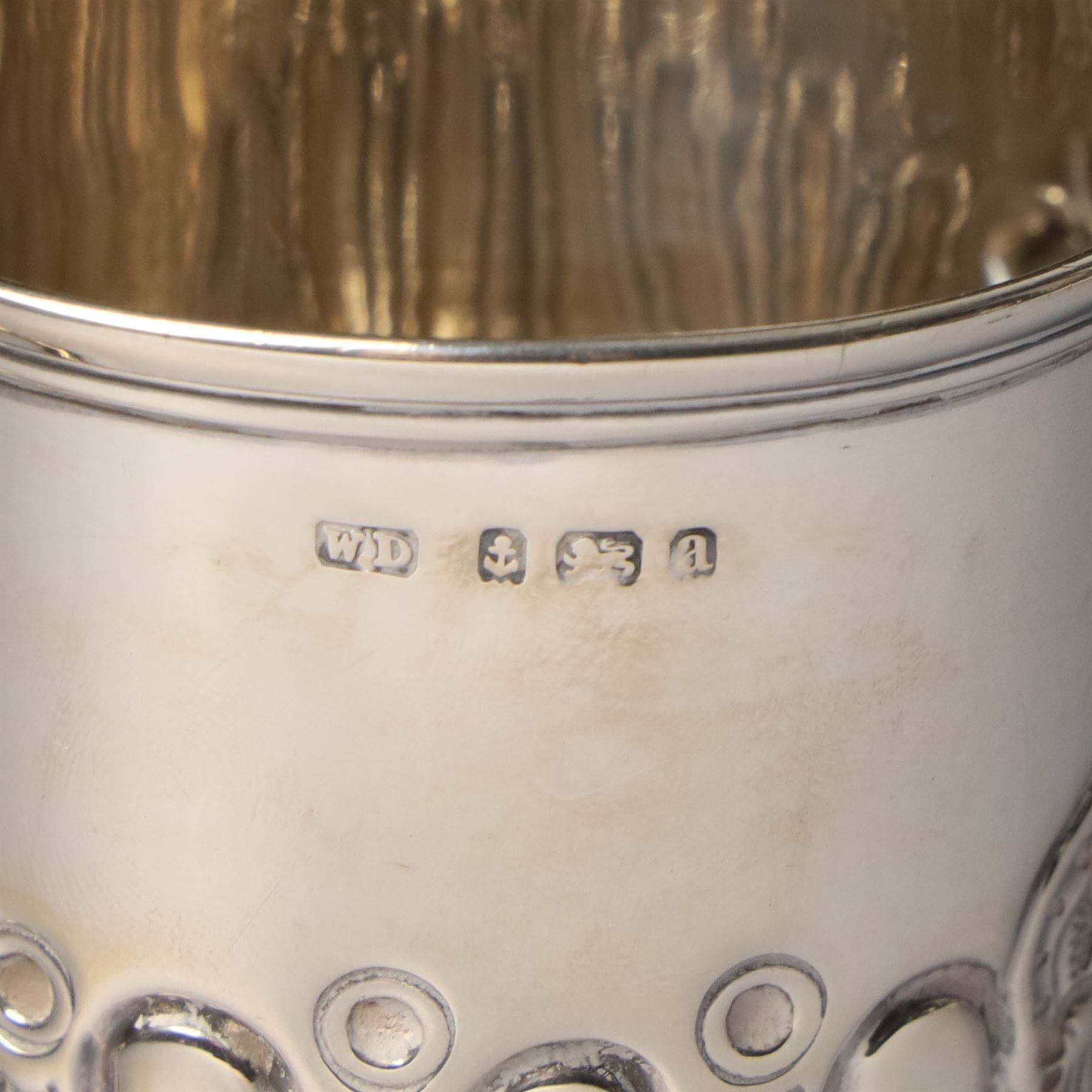 Edwardian silver christening mug with engraved decoration H8cm Birmingham 1902 and two others 1900 and 1902