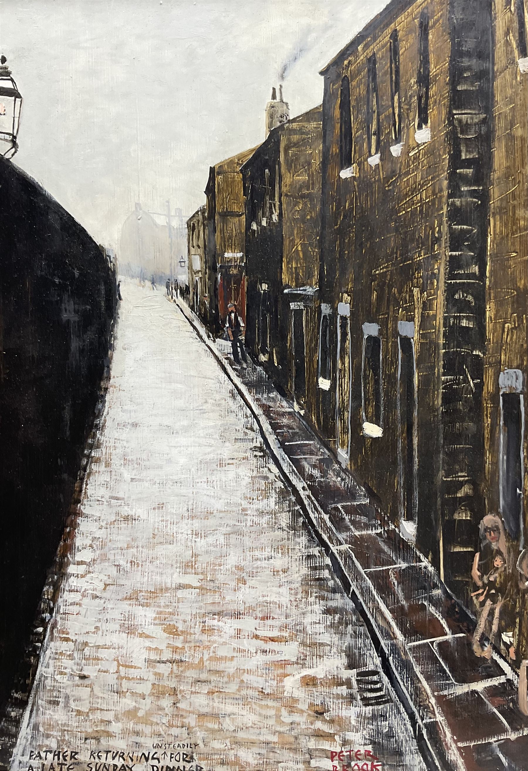 Peter Brook (Northern British 1927-2009): 'Father Returning (Unsteadily) for a Late Sunday Dinner', oil on board signed and titled 50cm x 34cm
Provenance: West Yorkshire dec'd estate; the deceased was good friends with the artist.