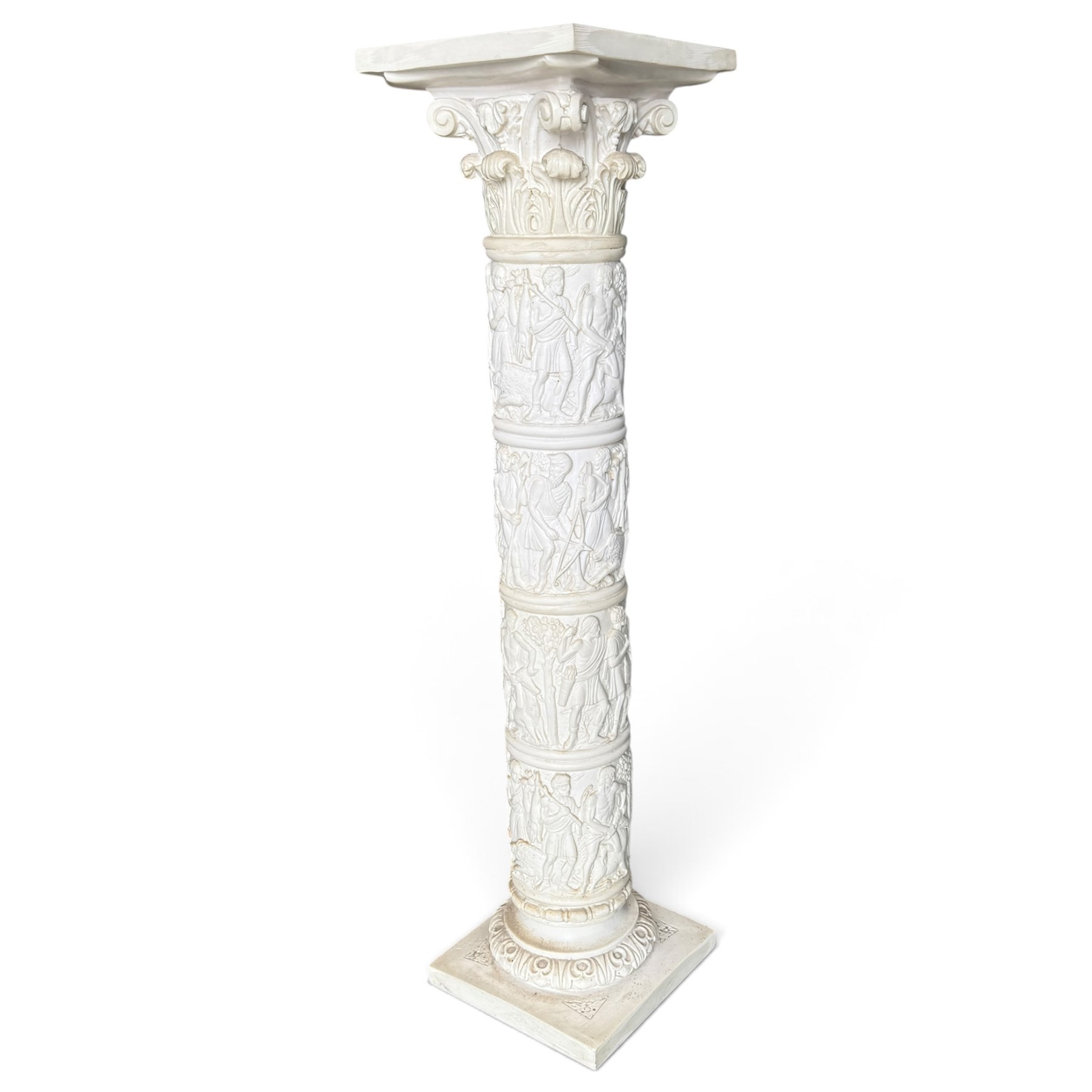 Neoclassical design composite column, square top over composite Ionic and Corinthian capital, the pedestal decorated with hunting and religious procession scenes, waisted and foliate socle on square base
