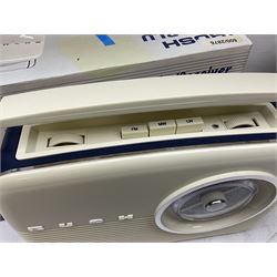 1950s Pye Type P43 cabinet radio in cream Bakelite case with orange knobs, W30cm H22cm D16cm, together with Ever Ready Sky Queen portable radio, Ekco portable radio in red case, Boxed Bush Special Edition 2002 Queens Golden Jubilee radio, Hacker Herald VHS radio (5)