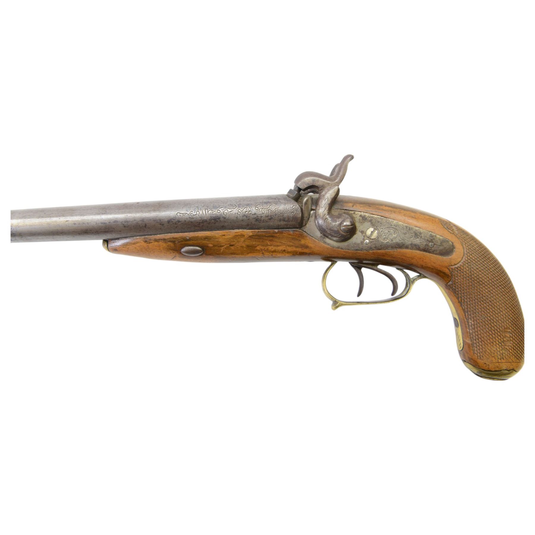 19th century double-barrelled percussion pistol the side by side barrels engraved with Arabic script, engraved with floral motifs, chequered wooden grip with engraved brass butt cap, L37CM