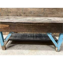 Large timber work bench with central glass section, and two pairs of vintage wooden step ladders (3)