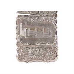 Victorian silver castle-top card case, of rectangular form with scrolling sides, relief embossed with the Houses of Parliament and surrounded by foliate scrolls, with vacant cartouche to reverse, hallmarked Hilliard & Thomason, Birmingham 1862, H9.5cm W6.5cm
