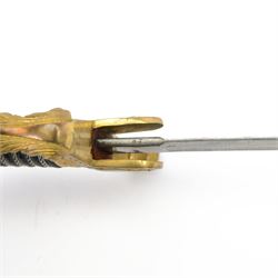 Prussian cavalry officer's sword, with 79cm etched curved blade double-edged towards the point, crossed swords insignia to langet, stirrup knuckle bow, wirebound black grip and lion's head pommel with inset ruby eyes and lion head to the quillon, in black painted steel scabbard with single suspension ring, overall L97cm