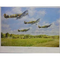 'Inspiration', limited edition colour print No.25/500 after John Young, pub. in aid of the Douglas Bader Foundation, signed in pencil by the artist and former members - Wallace Cunningham, George Unwin, Paddy Barthropp, Robert Beardsley, Archie Winskill, Tom Williams, Tom Draper, Butch Morton, Alan Smith, David Cox, Nigel Kemp, Gordon Sinclair, Maurice Brown and Arthur Leigh 49cm x 63cm, with Certificate and notes on Pilots (3)  