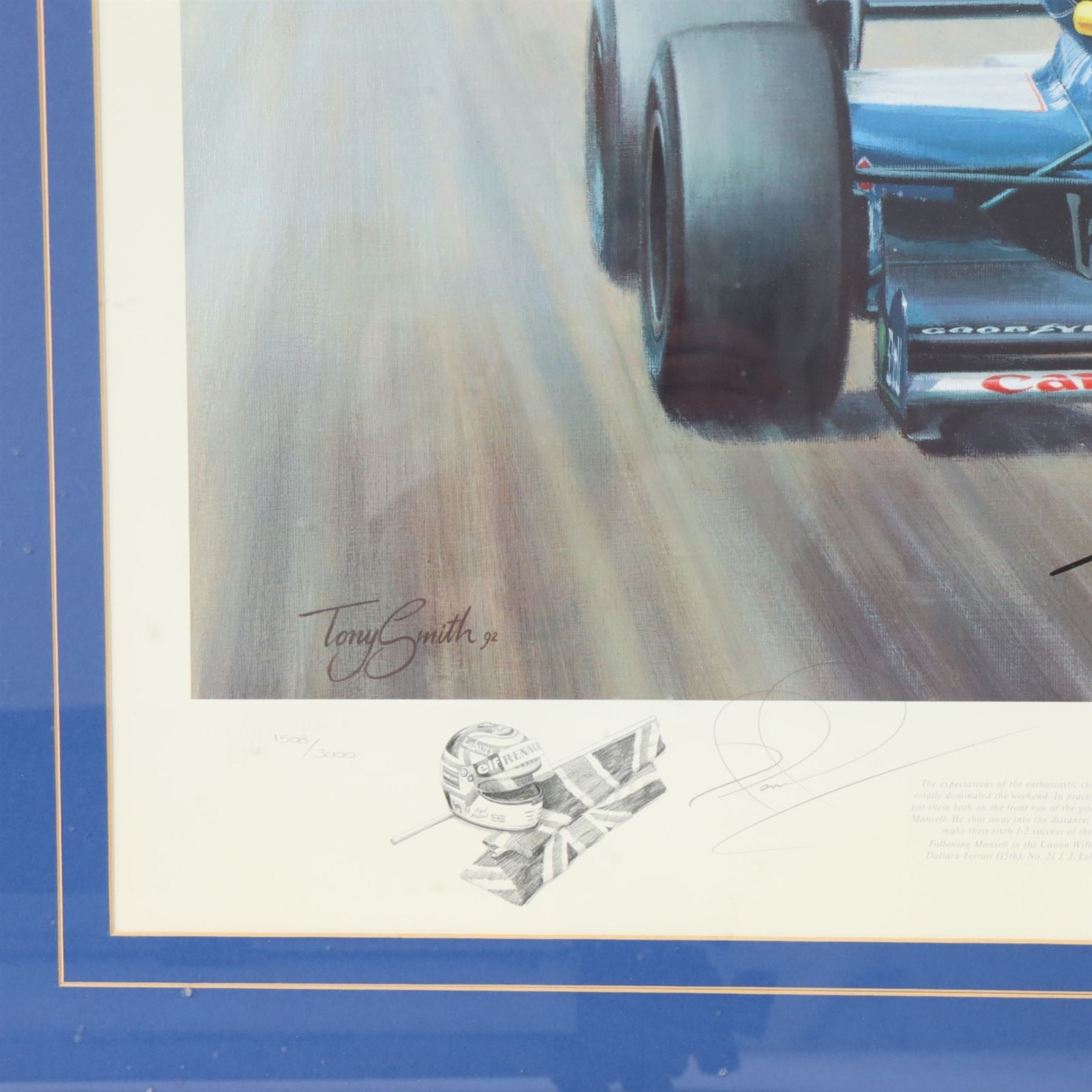 Signed limited edition Nigel Mansell print 'Victory', signed by Nigel Mansell and artist Tony Smith, framed, frame H64cm, W80cm