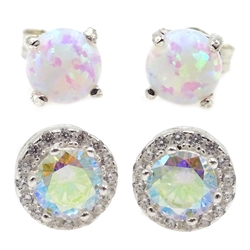 Pair of opal silver stud earrings and a pair of silver cubic zirconia cluster ear-rings  