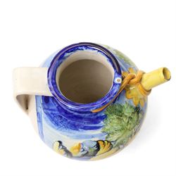Italian maiolica wet drug jar inscribed 'Ol Mastica' 20th century, painted with putto, church buildings etc H22cm