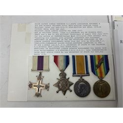 WWI Military Cross group of four awarded to Major Alfred Conrad Robinson South Lancashire Regiment and 3rd Battalion Nigeria Regiment Royal West African Frontier Force comprising MC, British War Medal and Victory Medal with oak leaf, and 1914-15 Star (to Lieut. A.C. Robinson); Military Cross London Gazette 4th June 1917. Bar to Military Cross (Capt. A.C. Robinson 3rd Bn. Nigeria Regt. RWAFF won a bar to his Military Cross (date of award 10th June 1917) for his action at Ngwembe German East Africa on 24th January 1917 for 'Handling his company with great judgement and coolness'. Recommended for a bar to his MC dated 10th June 1917 but never recorded (copy bar included with the medals).Mentioned in despatches on two occasions. Published in the London Gazette Supplements dated 31st May 1916 by Brig-Gen F.J. Cunliffe, commanding Allied Forces Northern Cameroons to the Rt.Hon. A. Bonar Law MP P.C. Secretary of State for the Colonies, H.Q. Nigeria Regiment, Lagos, 16th March 1916; and again London Gazette Supplement 7th March 1918 from Major-Gen A.R. Hoskins C.M.G. D.S.O. Late Commander-in-Chief East Africa Force to the Secretary of Stae for war 5th March 1918; together with an extensive archive of research information and the original bill of purchase from Spink & Son dated 4/11/1959