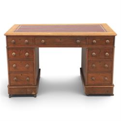 Victorian mahogany twin pedestal desk, rectangular top with red tooled leather writing sur...