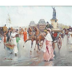 Juan Soler (Spanish 1951-): Parisian Street Scene with Horse-Drawn Carriages, oil on canva...