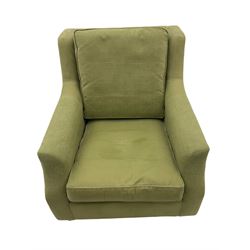Wesley-Barrell two seat sofa and pair of matching armchairs, upholstered in sage linen fabric