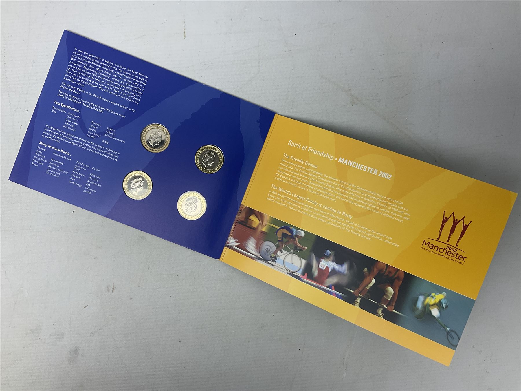 The Royal Mint Queen Elizabeth II 2002 Manchester Commonwealth Games four coin two pound coin cover