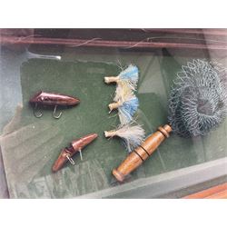 Four framed sporting memorabilia displays, the largest example containing 1930s cricket memorabilia, together with two fishing displays and a football display, each within wooden glazed frames, largest H105cm