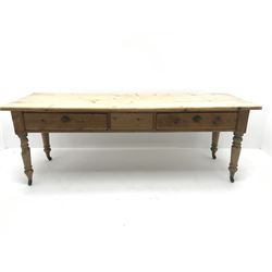 Large rectangular solid pine farmhouse table, two drawers,  turned supports